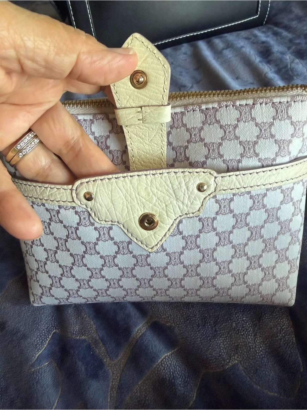 Authentic CELINE Cream Patterned Women's Zip Pouch with Cream Trim